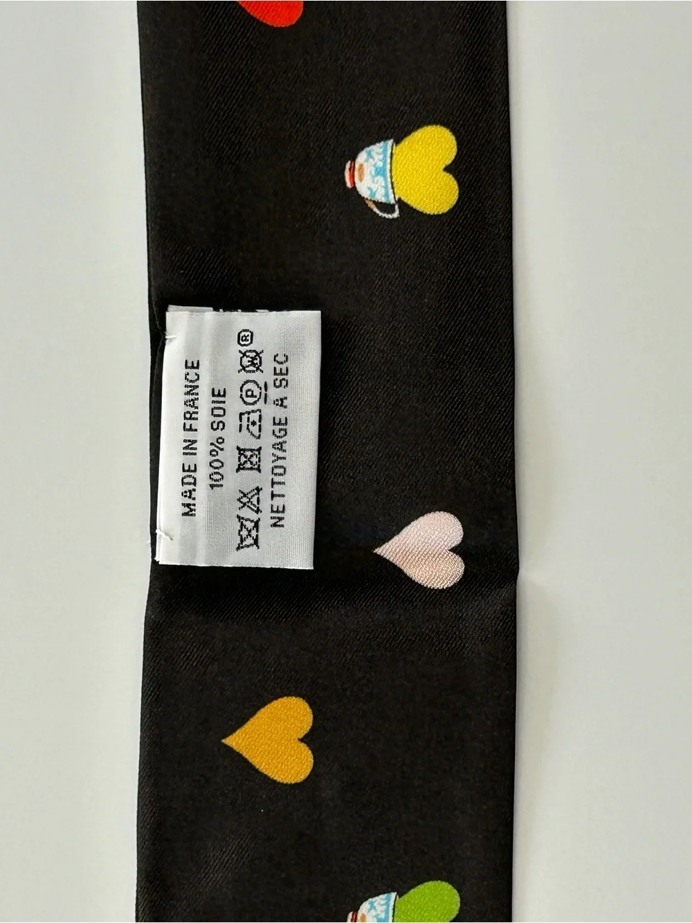 Black Silk Skinny Scarf with Multicolor Heart Motif